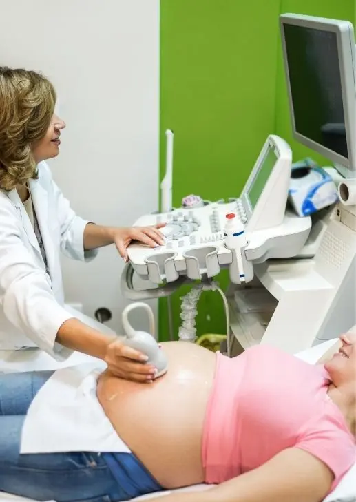 Kadın sağlığı alanında uzman değerlendirmeyi temsil eden modern muayene ortamı ve kadın üreme sistemi anatomik modeli.